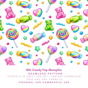 80s Candy Pop Memphis Seamless Pattern, Retro Digital Paper, Colorful Nostalgic Sweet Pattern PNG JPG