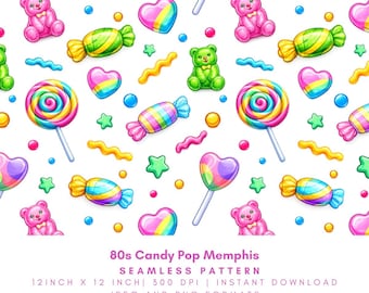 80s Candy Pop Memphis Seamless Pattern, Retro Digital Paper, Colorful Nostalgic Sweet Pattern PNG JPG