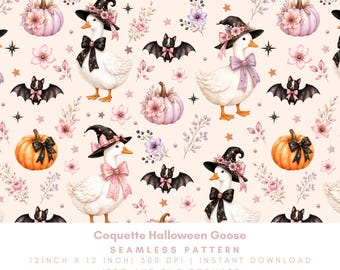 Motivo senza cuciture con oca di Halloween civetta, carta digitale con oca strega, design per tessuti autunnali con zucca rosa, PNG JPG