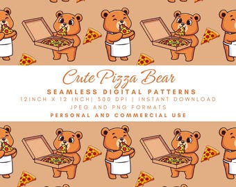 Cute Pizza Bear Seamless Pattern, Cartoon Food Digital Paper, Kids Fabric Print, Pizza Party Decor, Funny Bear Eating Art