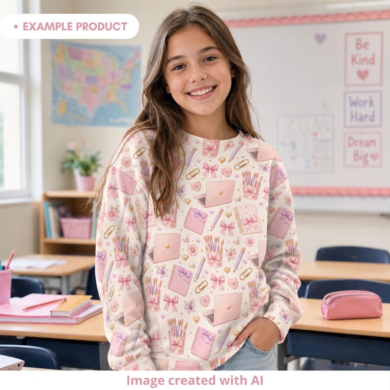 Example product mockup showing a smiling girl wearing a sweatshirt with a coquette school seamless pattern in a classroom. The design includes pink notebooks with bows, pastel pencils, pencil cups, mini laptops, gold paper clips, hearts, flowers and soft cream tones. Cute back to school digital pattern for fabric, apparel, kids clothing and stationery.