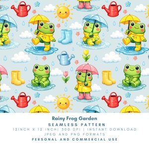 May include: Seamless pattern featuring cartoon frogs in raincoats and boots, holding umbrellas, with rain, clouds, watering cans, and smiling suns. The pattern is 12 inches by 12 inches.