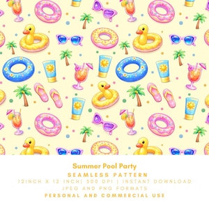 Puede incluir: Un patrón sin costuras con elementos de fiesta en la piscina de verano. El diseño incluye un flotador de pato amarillo, gafas de sol, un flotador de donut rosa, cócteles, protector solar, chanclas y palmeras sobre un fondo amarillo claro.