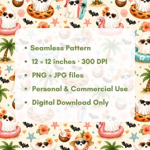 Summerween beach ghost seamless pattern product details preview with cute watercolor ghosts, palm trees, bats, starfish, shells, coconut drinks, flamingo floaties and coral flowers. Text highlights 12 x 12 inches, 300 DPI, PNG and JPG files, personal and commercial use, digital download only.