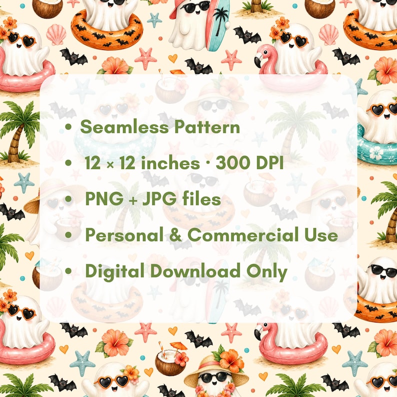Summerween beach ghost seamless pattern product details preview with cute watercolor ghosts, palm trees, bats, starfish, shells, coconut drinks, flamingo floaties and coral flowers. Text highlights 12 x 12 inches, 300 DPI, PNG and JPG files, personal and commercial use, digital download only.