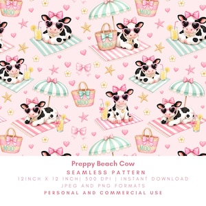May include: Seamless pattern featuring cartoon cows on a pink background. The cows wear heart-shaped sunglasses and pink bows, lounging on striped beach towels with lemonade. Beach umbrellas, handbags, and starfish complete the preppy beach theme.