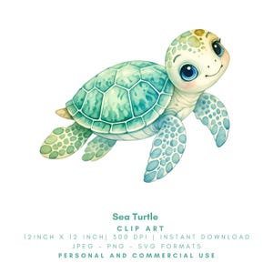 May include: A watercolour illustration of a sea turtle with a teal and green patterned shell, large dark eyes, and light skin. Below the turtle, the text reads: Sea Turtle CLIP ART 12INCH X 12 INCH | 300 DPI | INSTANT DOWNLOAD JPEG - PNG - SVG FORMATS PERSONAL AND COMMERCIAL USE