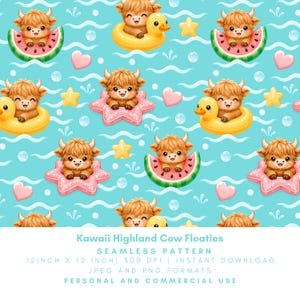 Puede incluir: Patrón sin costuras con adorables vacas de las Tierras Altas de dibujos animados flotando en rodajas de sandía, flotadores de pato y flotadores de estrella de mar, sobre un fondo azul claro ondulado. Incluye corazones y estrellas. El texto dice "Kawaii Highland Cow Floaties".