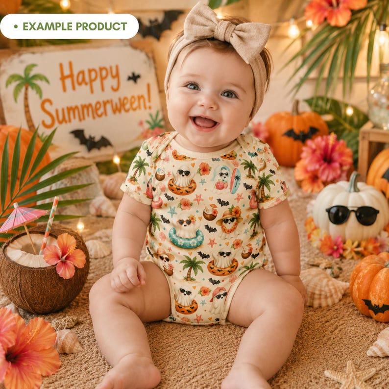 Summerween Beach Ghost baby bodysuit mockup featuring a real baby wearing a cute tropical Halloween seamless pattern with watercolor ghosts, sunglasses, palm trees, bats, starfish, seashells, coconut drinks, surfboards, flamingo floaties, coral flowers and pumpkin party decor.