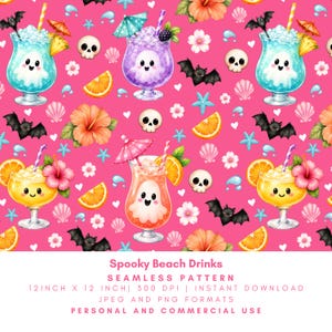 May include: Seamless pattern featuring cartoon cocktails with ghost faces, bats, skulls, orange slices, hibiscus flowers, and seashells on a pink background. The text "Spooky Beach Drinks" is at the bottom. The pattern is 12 inches by 12 inches.