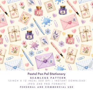 May include: A seamless pattern featuring pastel stationery items including pink and blue fountain pens, purple and pink ink bottles, envelopes with heart seals, stacks of tied letters, postage stamps with floral motifs, and blue paper clips.