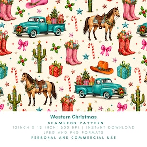 Puede incluir: Un patrón continuo que presenta una camioneta azul turquesa con regalos de Navidad, un caballo marrón con silla de montar, botas vaqueras rosas y rojas, cactus decorados con adornos, bastones de caramelo, cajas de regalo, lazos rosas y estrellas sobre un fondo crema.