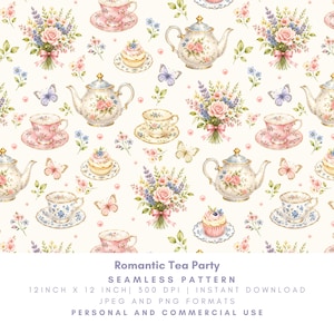 May include: A seamless pattern featuring watercolor illustrations of teacups, teapots, cupcakes, bouquets of flowers, and butterflies. The design includes pink, blue, and yellow elements on a cream background. The text "Romantic Tea Party" is at the bottom.