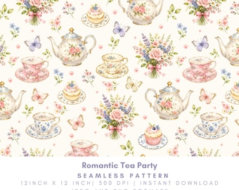 Romantic Tea Party Seamless Pattern, Vintage Teacups Floral Cottagecore Digital Paper, Spring Garden Fabric Design, PNG JPG