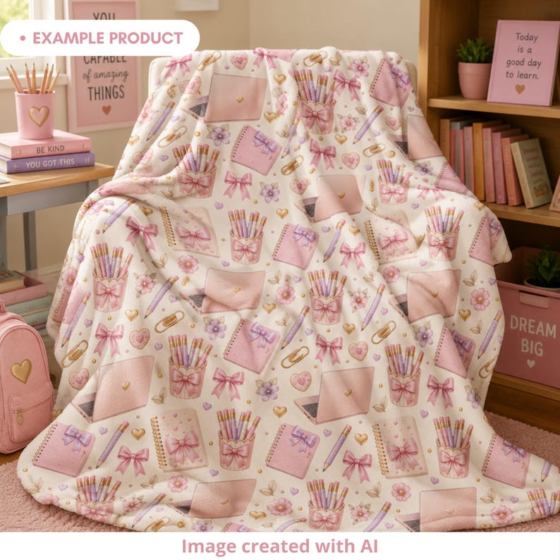 Example product mockup showing a soft blanket with a coquette school seamless pattern in a cozy classroom reading corner. The design includes pink notebooks with bows, pastel pencils, pencil cups, mini laptops, gold paper clips, hearts, flowers and cream tones. Cute back to school digital pattern for fabric, blankets, nursery decor and classroom gifts.