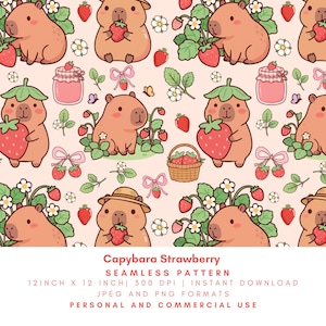 May include: A seamless pattern featuring cartoon capybaras with strawberries, strawberry plants, and jars of jam on a light pink background. The pattern includes bows, butterflies, and a basket of strawberries. The text "Capybara Strawberry" is at the bottom.