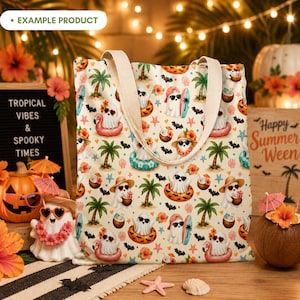 Summerween Beach Ghost tote bag mockup featuring a cute tropical Halloween seamless pattern with watercolor ghosts, sunglasses, palm trees, bats, starfish, seashells, coconut drinks, surfboards, flamingo floaties, coral flowers and aqua accents in a festive beach party scene.