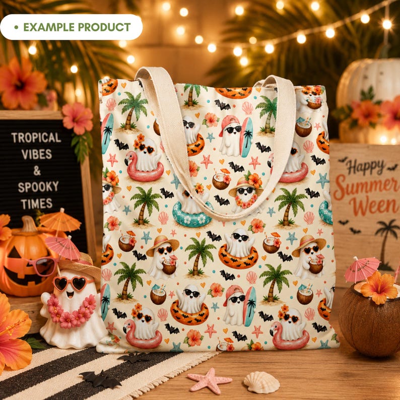 Summerween Beach Ghost tote bag mockup featuring a cute tropical Halloween seamless pattern with watercolor ghosts, sunglasses, palm trees, bats, starfish, seashells, coconut drinks, surfboards, flamingo floaties, coral flowers and aqua accents in a festive beach party scene.