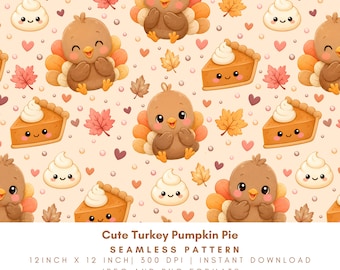 Turkey Pumpkin Pie Seamless Pattern, Kawaii Thanksgiving Digital Paper, Fall Nursery Fabric, Baby Autumn PNG JPG