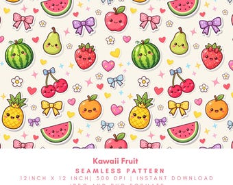 Kawaii Fruit Seamless Pattern, Summer Digital Paper, Pink Bow Fruit Print, PNG JPG 12x12, Commercial Use