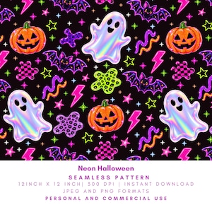 Può includere: Un motivo senza cuciture con fantasmi iridescenti, zucche arancioni, pipistrelli viola, fulmini rosa e stelle al neon su sfondo nero. Testo: Neon Halloween, SEAMLESS PATTERN, 30,48 CM X 30,48 CM, 300 DPI, INSTANT DOWNLOAD.