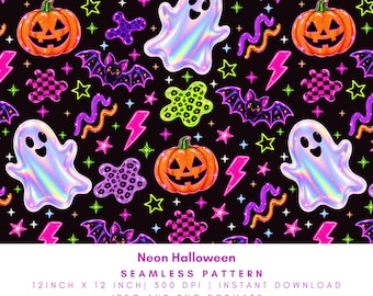 Neon Halloween Seamless Pattern, Retro Y2K Ghost Pumpkin Bat, Pink Checkerboard Spooky Digital Paper, PNG JPG