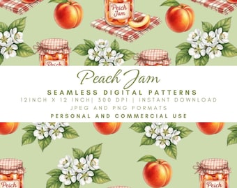 Peach Jam Seamless Pattern, Fresh Fruit Digital Paper, Peach Blossom Fabric, Cottagecore Kitchen Print, Homemade Baking, Gingham
