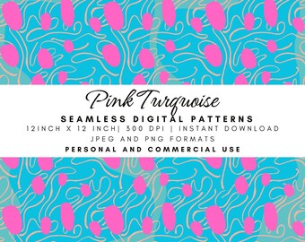 Pink Turquoise Abstract Seamless Pattern, Orange Squiggles, Bright Ovals Digital Paper, Modern Retro Fabric Art, Vibrant Design
