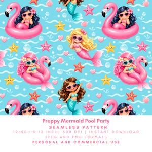 Peut inclure: Motif sans couture avec des sirènes de dessins animés portant des lunettes de soleil, flottant sur des bouées flamants roses, avec des étoiles de mer, des coquillages et des cœurs sur fond bleu clair. Le texte en bas indique "Preppy Mermaid Pool Party". Le motif mesure 30,48 cm x 30,48 cm.