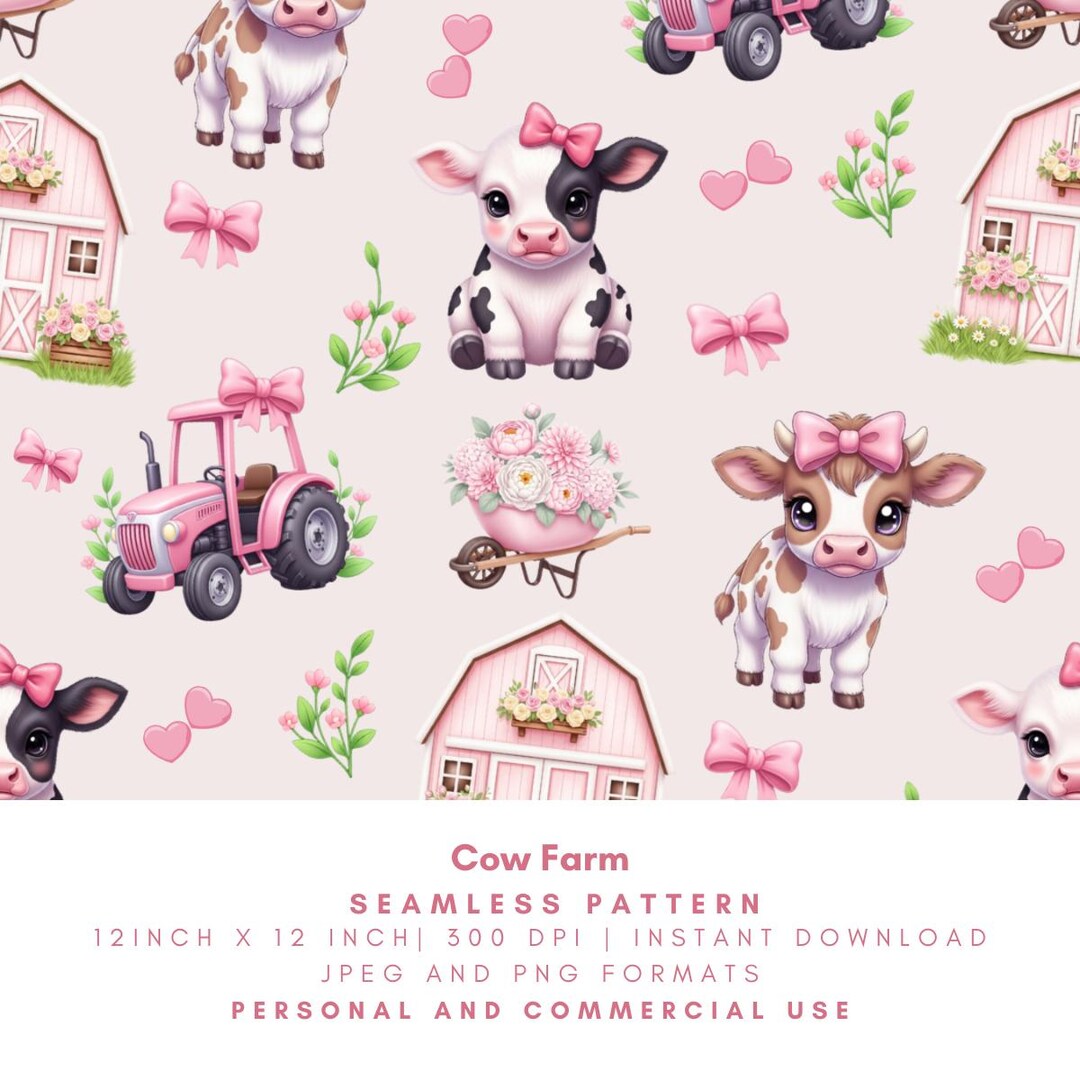 Pink Farm Pattern Cow Farm Seamless Pattern, Pink Barn Digital Paper, Girly Country ...