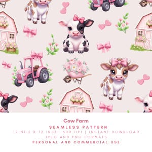 Puede incluir: Un patrón sin costuras con vacas de dibujos animados, graneros rosas, tractores, lazos, corazones y arreglos florales sobre un fondo rosa claro. Se incluye el texto "Cow Farm" y otros detalles.