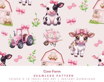 Cow Farm Seamless Pattern, Pink Barn Digital Paper, Girly Country Design, PNG JPG, Commercial Use, Digital Download