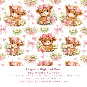 Coquette Highland Cow Seamless Pattern, Cute Cow Bow Daisy Digital Paper, Pink Farm Animal Print PNG JPG