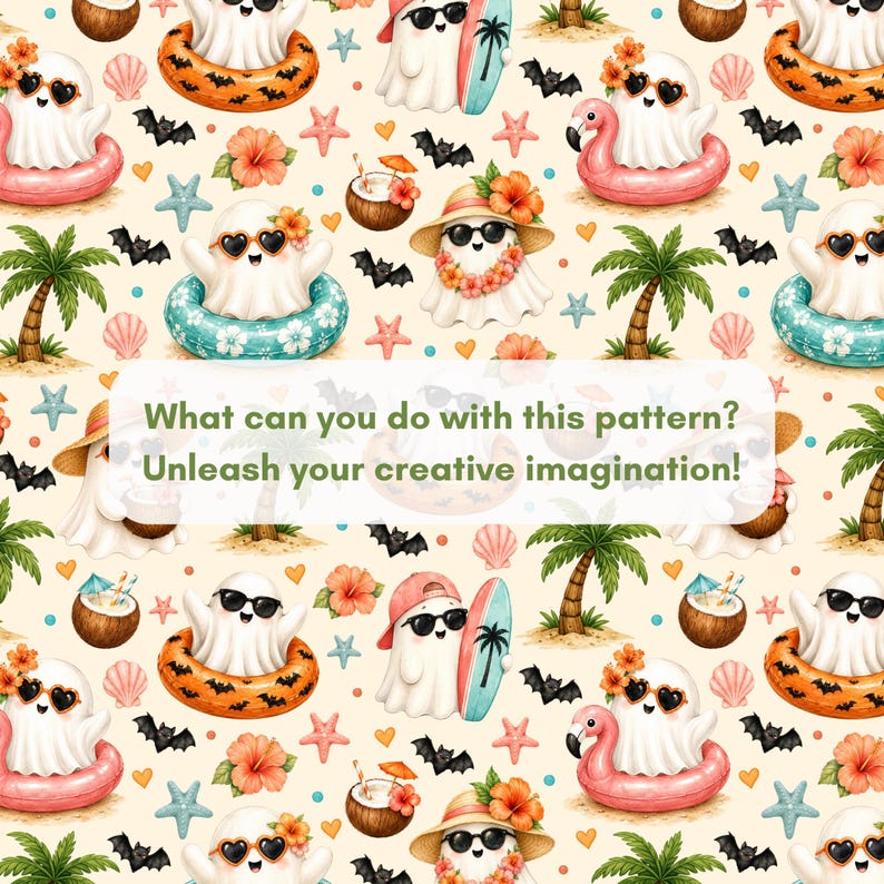 Summerween Beach Ghost seamless pattern preview with cute watercolor ghosts, palm trees, bats, starfish, seashells, coconut drinks, surfboards, flamingo floaties, coral flowers and aqua dots. Text asks what you can do with this pattern, inspiring creative Halloween summer projects.