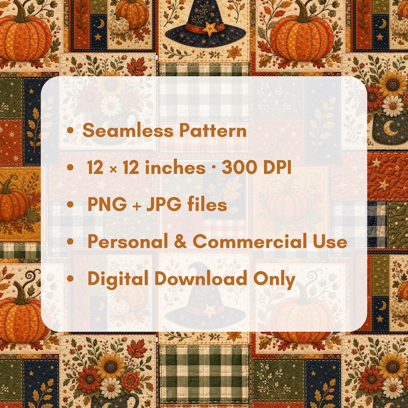 Autumn patchwork seamless pattern preview with pumpkins, witch hats, floral mugs, plaid blocks, leaves, stars and crescent moons in burnt orange, navy, olive green, cream and mustard. Product details highlight a 12 x 12 inch seamless pattern at 300 DPI, PNG and JPG files, personal and commercial use, and digital download only.