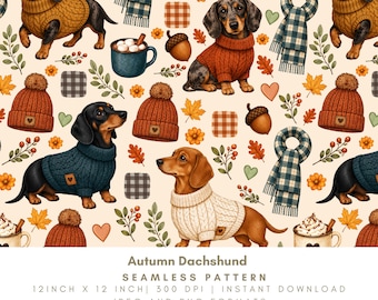 Autumn Dachshund Seamless Pattern, Cozy Sweater Dogs, Fall Leaves, Hot Cocoa, Gingham Scarf Digital Paper, PNG JPG