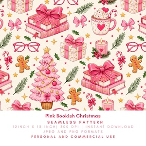 May include: A seamless pattern featuring pink Christmas trees, stacks of books with bows, gingerbread cookies, mugs with candy canes, gift boxes, candles, and pink glasses on a cream background. The design includes festive stars and greenery.