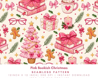 Pink Bookish Christmas Seamless Pattern, Girly Holiday Books, Bows, Gingerbread, Candy Cane Digital Paper PNG JPG