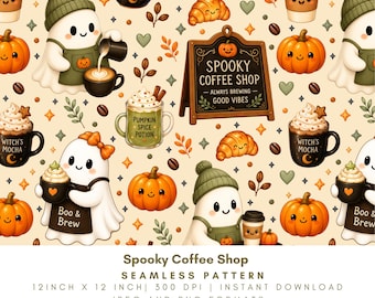 Spooky Coffee Shop Seamless Pattern, Halloween Ghost Barista, Pumpkin Spice Coffee Digital Paper, Kawaii Fall Background, PNG JPG
