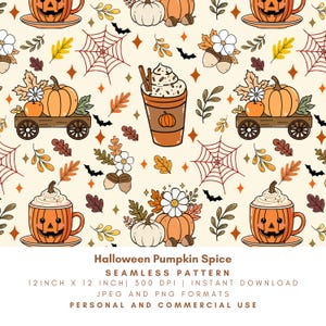 May include: A seamless pattern featuring Halloween-themed illustrations. The design includes pumpkins, coffee cups, autumn leaves, spiderwebs, and bats on a cream background. The text "Halloween Pumpkin Spice" is at the bottom. The pattern is 12 inches by 12 inches.
