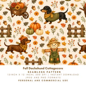Könnte beinhalten: Ein nahtloses Muster mit Dackeln, Kürbissen, einer Vogelscheuche, Holzzäunen und Schubkarren mit Herbstblättern, Eicheln und Blumen auf cremefarbenem Grund. Der Text lautet: Fall Dachshund Cottagecore SEAMLESS PATTERN.