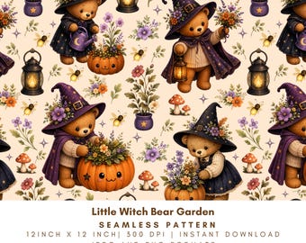 Little Witch Bear Garden Seamless Pattern, Halloween Bears, Pumpkin Flowers, Cottagecore Botanical Digital Paper, PNG JPG