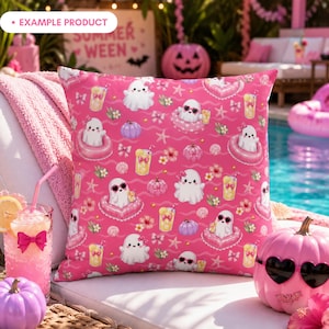 Example product mockup featuring a square pillow with the Pink Summer Ghost Pool Party seamless pattern, including cute ghosts, pink heart pool floats, lemonade glasses, pastel pumpkins, seashells, bows, flowers, starfish, gold dots, and wave accents. Summerween poolside decor with girly Halloween vibes.