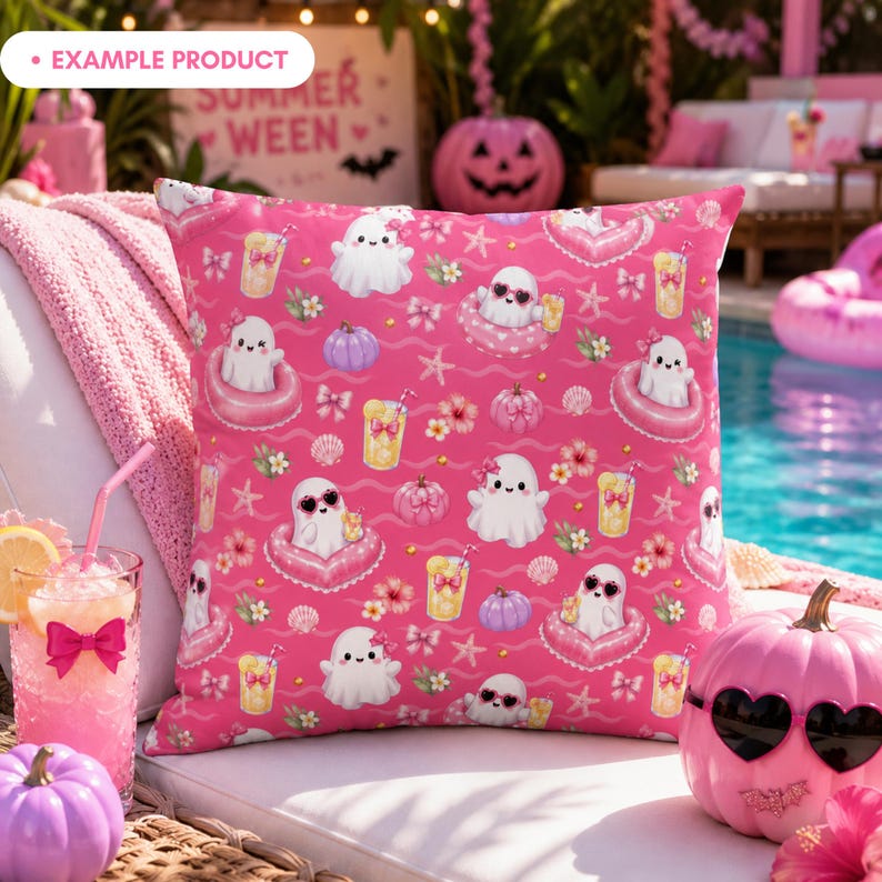 Example product mockup featuring a square pillow with the Pink Summer Ghost Pool Party seamless pattern, including cute ghosts, pink heart pool floats, lemonade glasses, pastel pumpkins, seashells, bows, flowers, starfish, gold dots, and wave accents. Summerween poolside decor with girly Halloween vibes.