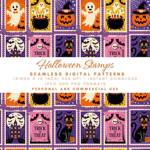 Modello senza cuciture con francobolli di Halloween, carta digitale postale vintage spettrale, stampa di casa stregata con gatto nero e fantasma, tessuto "dolcetto o scherzetto"