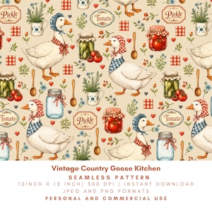 May include: A seamless pattern featuring white geese wearing checkered bonnets and neckerchiefs, interspersed with glass jars of pickles and tomatoes, wooden spoons, red checkered squares, small blue flowers, and labels reading Pickle or Tomato.