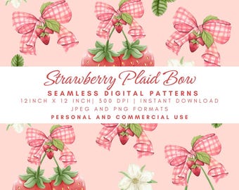 Strawberry Plaid Bow Seamless Pattern, Pink Fruit Digital Paper,Summer Berry Fabric, Cottagecore Floral Print,Picnic Decor,Pink gingham bows