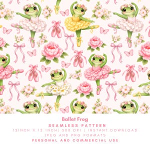 Peut inclure: Motif sans couture avec des illustrations à l'aquarelle de grenouilles ballerines en tutus, couronnes de fleurs et chaussons de danse. Le motif comprend des pivoines roses, des papillons et des rubans sur fond rose clair. Le motif mesure 30,48 cm x 30,48 cm.
