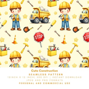 Puede incluir: Un patrón sin costuras con ilustraciones de construcción. El diseño incluye un trabajador de la construcción de dibujos animados, camiones volquete amarillos, herramientas, señales de stop y estrellas sobre un fondo amarillo claro. El texto "Cute Construction" está en la parte inferior.