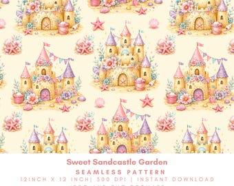 Sweet Sandcastle Garden Seamless Pattern, Pastel Beach Castle Digital Paper, Coastal Nursery Watercolor Design, PNG JPG